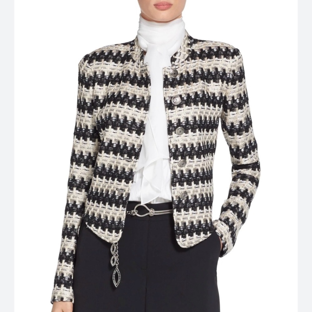 ST. JOHN Advik Button Front Jacket Black, Cream and White Tweed Knit Jacket